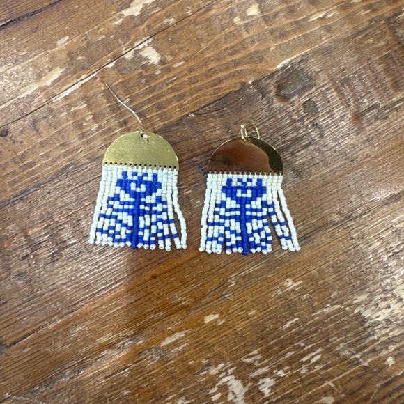 Handmade Jewelry - Handmade Gold & Blue Beaded Fringe Earrings